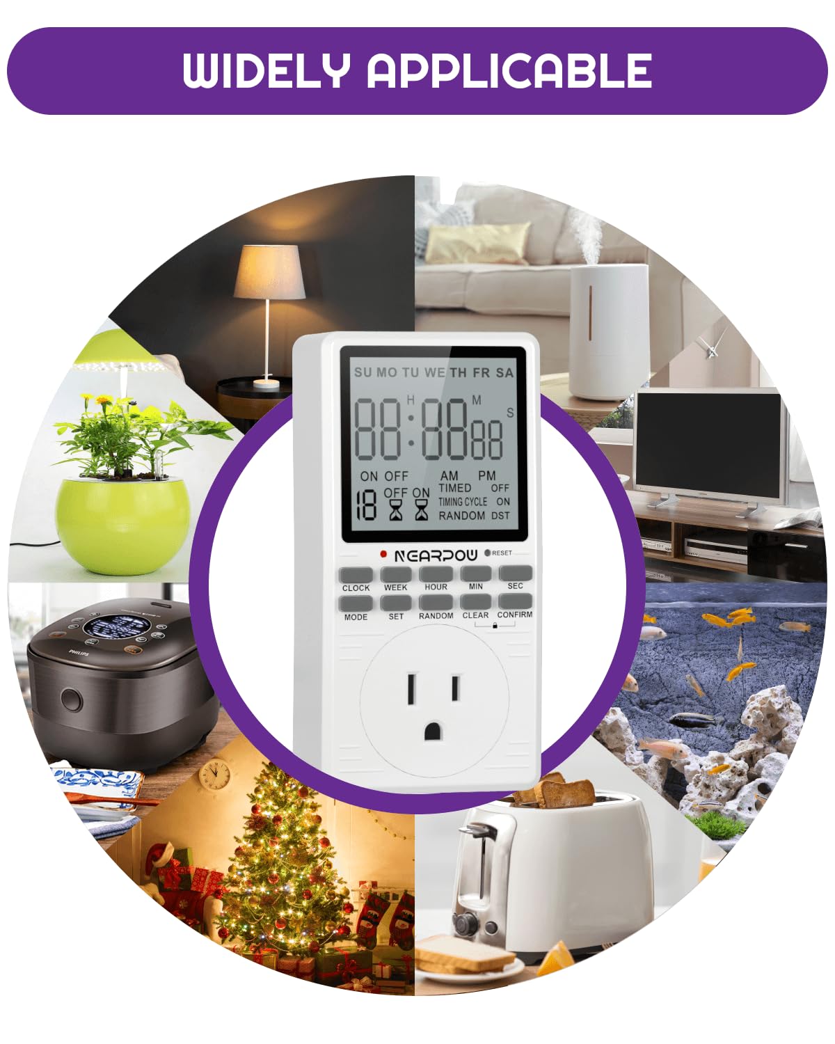 NEARPOW outlet timer three-prong grounded outlet ensures broad compatibility.