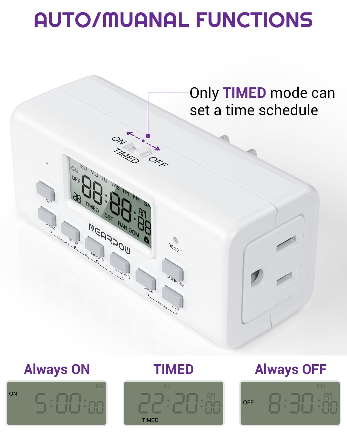 NEARPOW timer offers 24-hour and 7-day programming options.