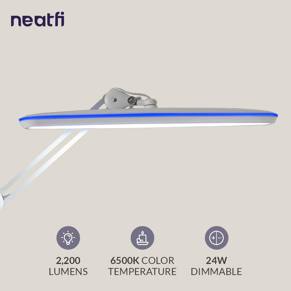 Neatfi XL LED Desk Lamp wide shade highlights large work areas with broad, uniform illumination.