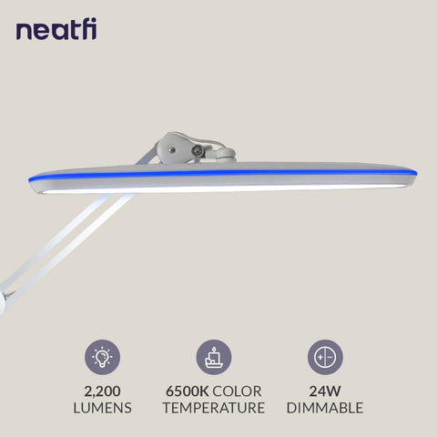 Neatfi XL LED Desk Lamp wide shade highlights large work areas with broad, uniform illumination.