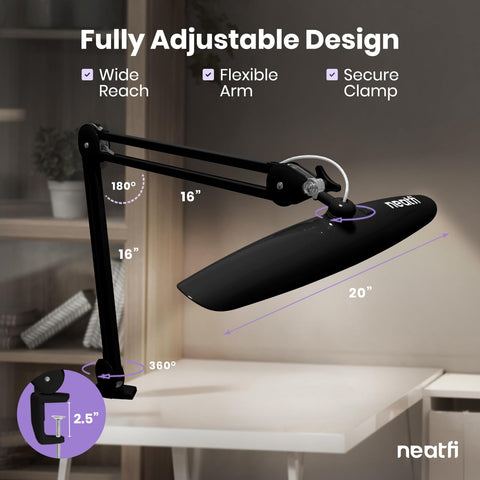 32.28-inch arm with 20-inch head offers expansive coverage.