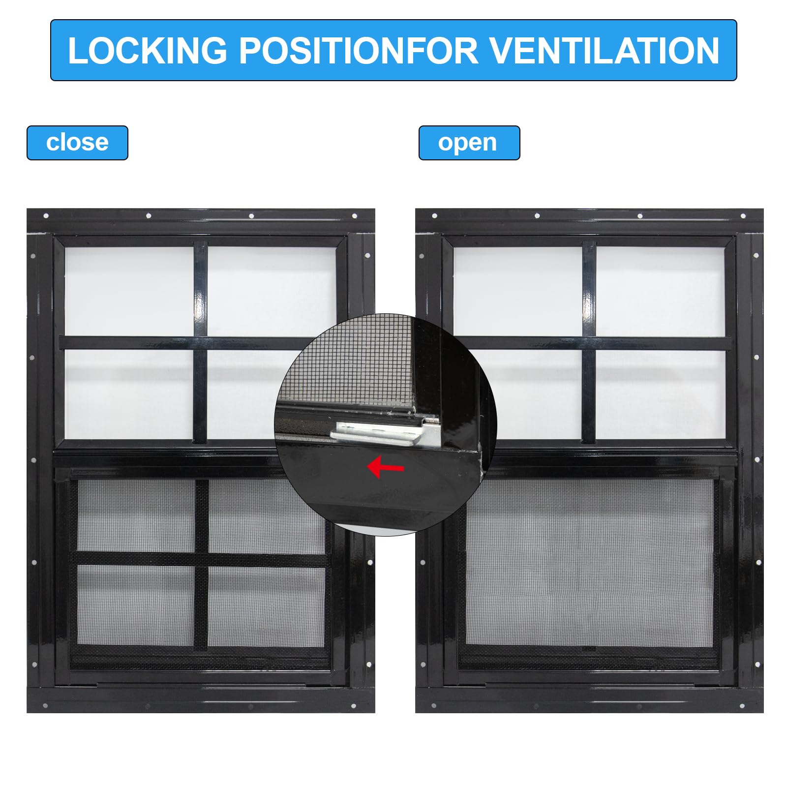 Fiberglass screen on NeatiEase shed window keeps insects out while ventilating.