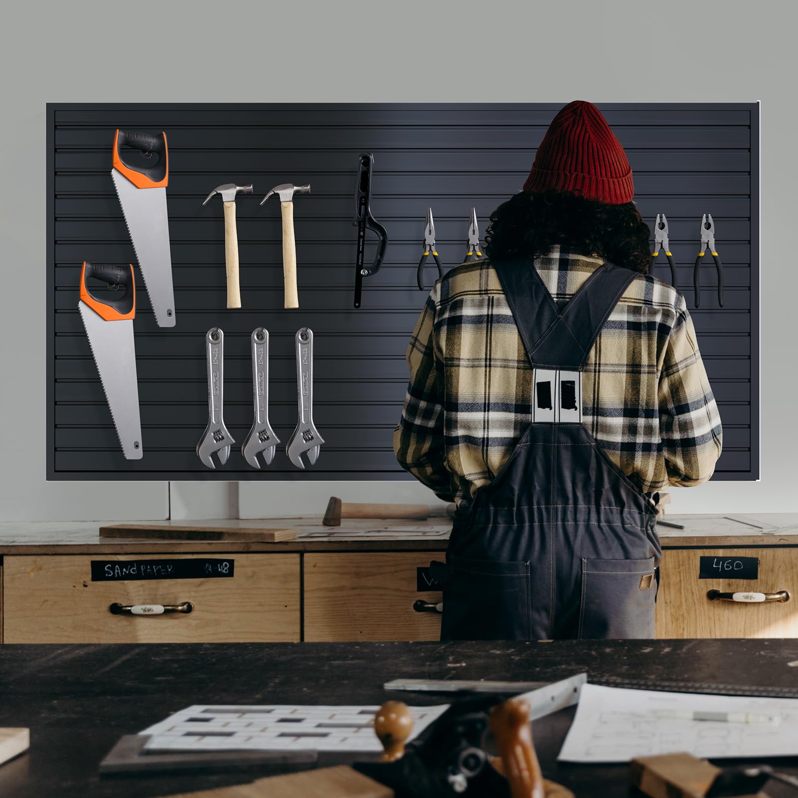 NeatiEase slatwall setup shows multi-area storage use case