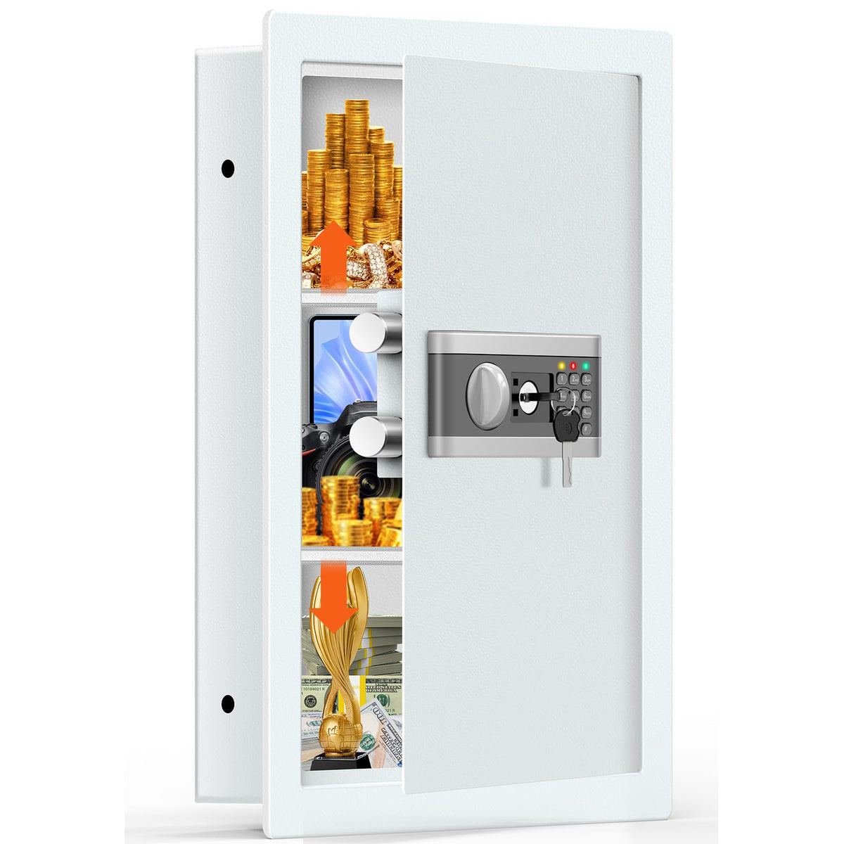 Nebakne fireproof wall safe between studs with flush mount for discreet concealment.
