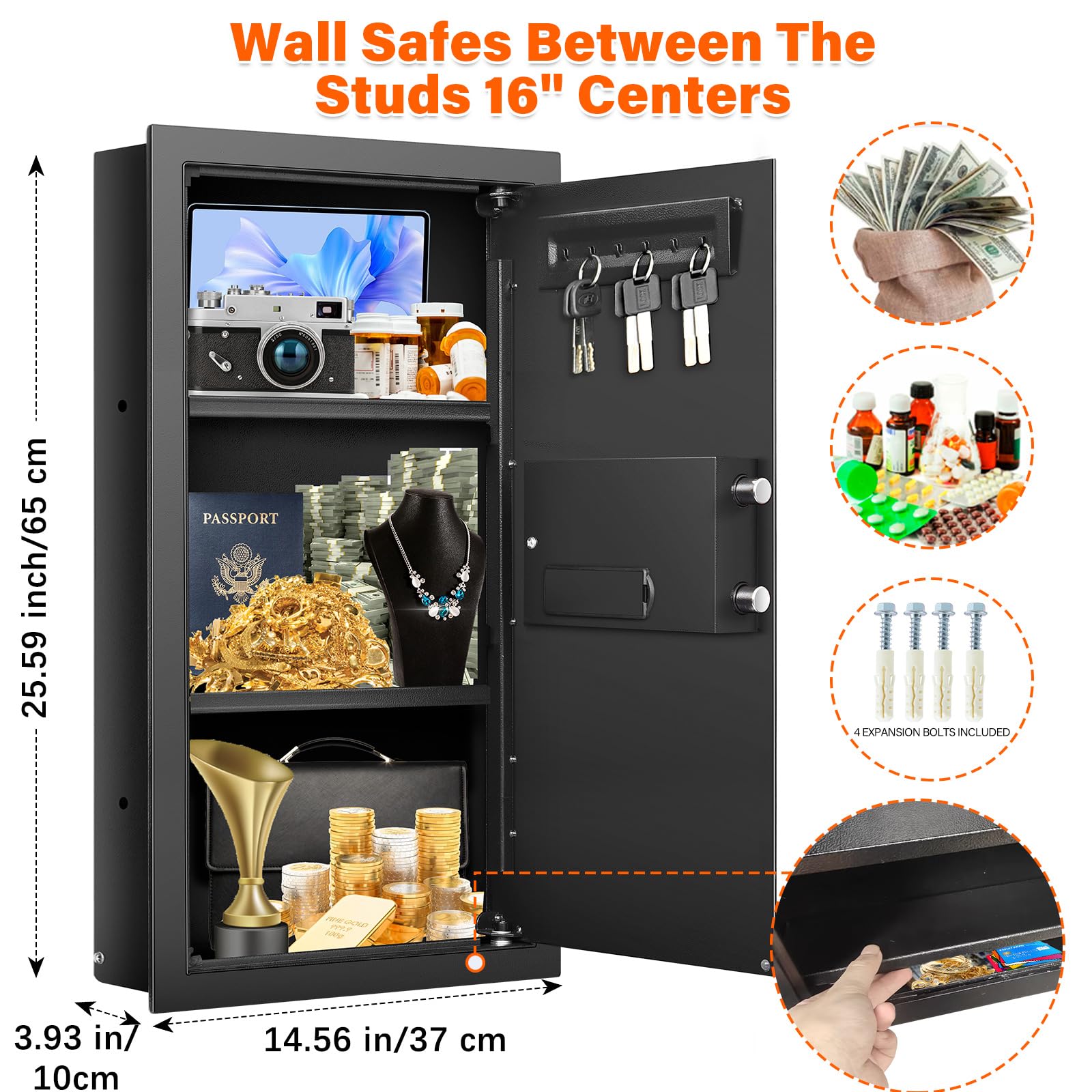 Nebakne wall safe with combination lock and emergency key for secure access.
