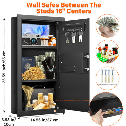 Nebakne wall safe with combination lock and emergency key for secure access.
