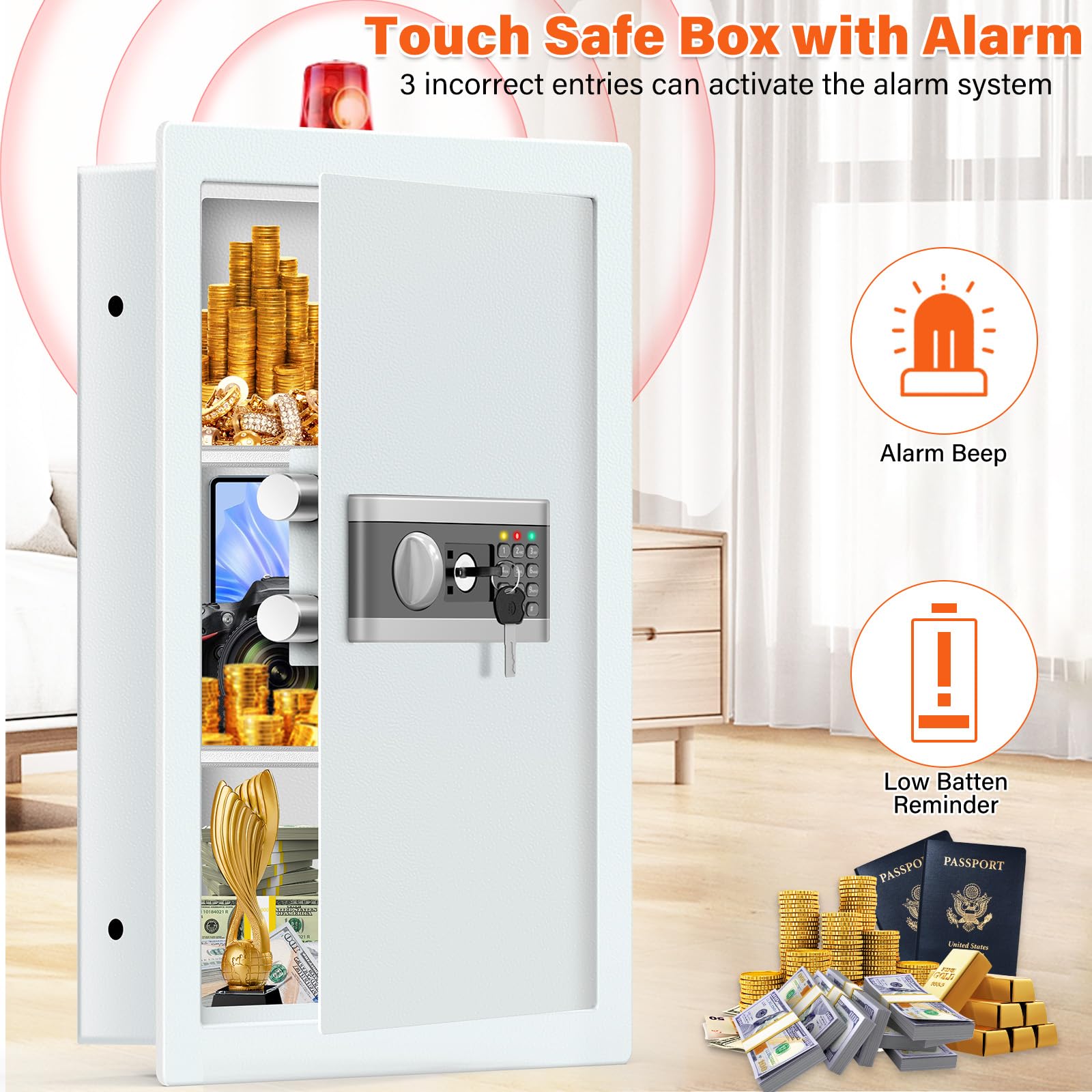 Nebakne white finish matches decor while protecting valuables.