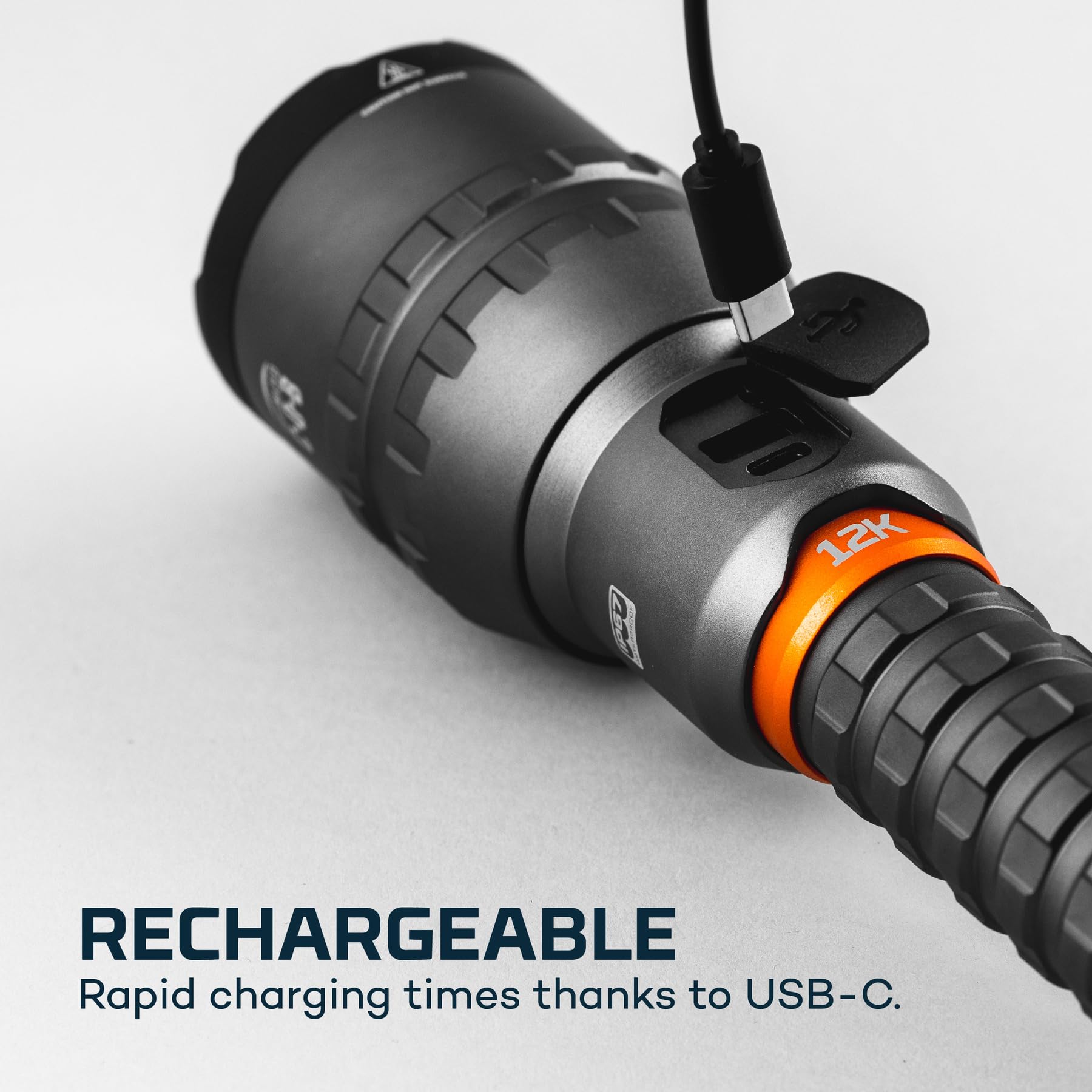 NEBO 12K Flashlight included USB-C charging cable supports quick recharges.