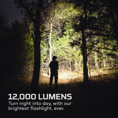 NEBO 12K Flashlight zoom action demonstrates 2x beam adjustment for focused lighting.