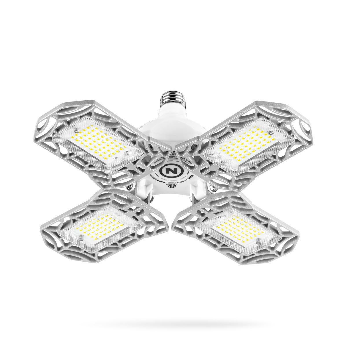 NEBO High Bright 9000 front view shows plug-in garage light delivering wide, bright coverage