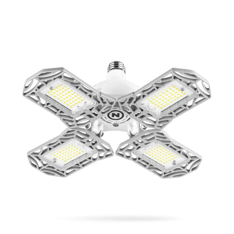 NEBO High Bright 9000 front view shows plug-in garage light delivering wide, bright coverage
