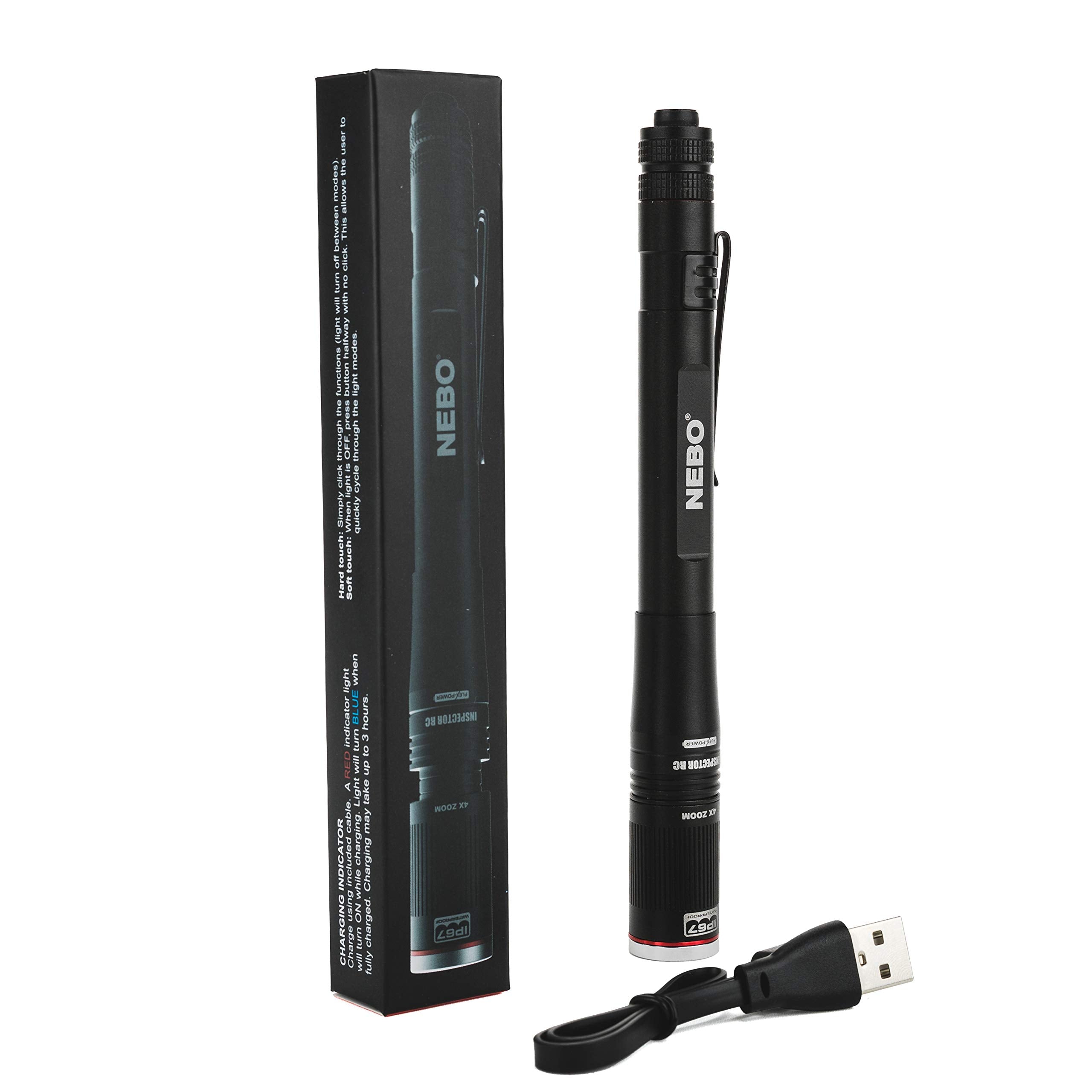 NEBO Inspector RC front view highlighting compact design and bright beam for precise tasks