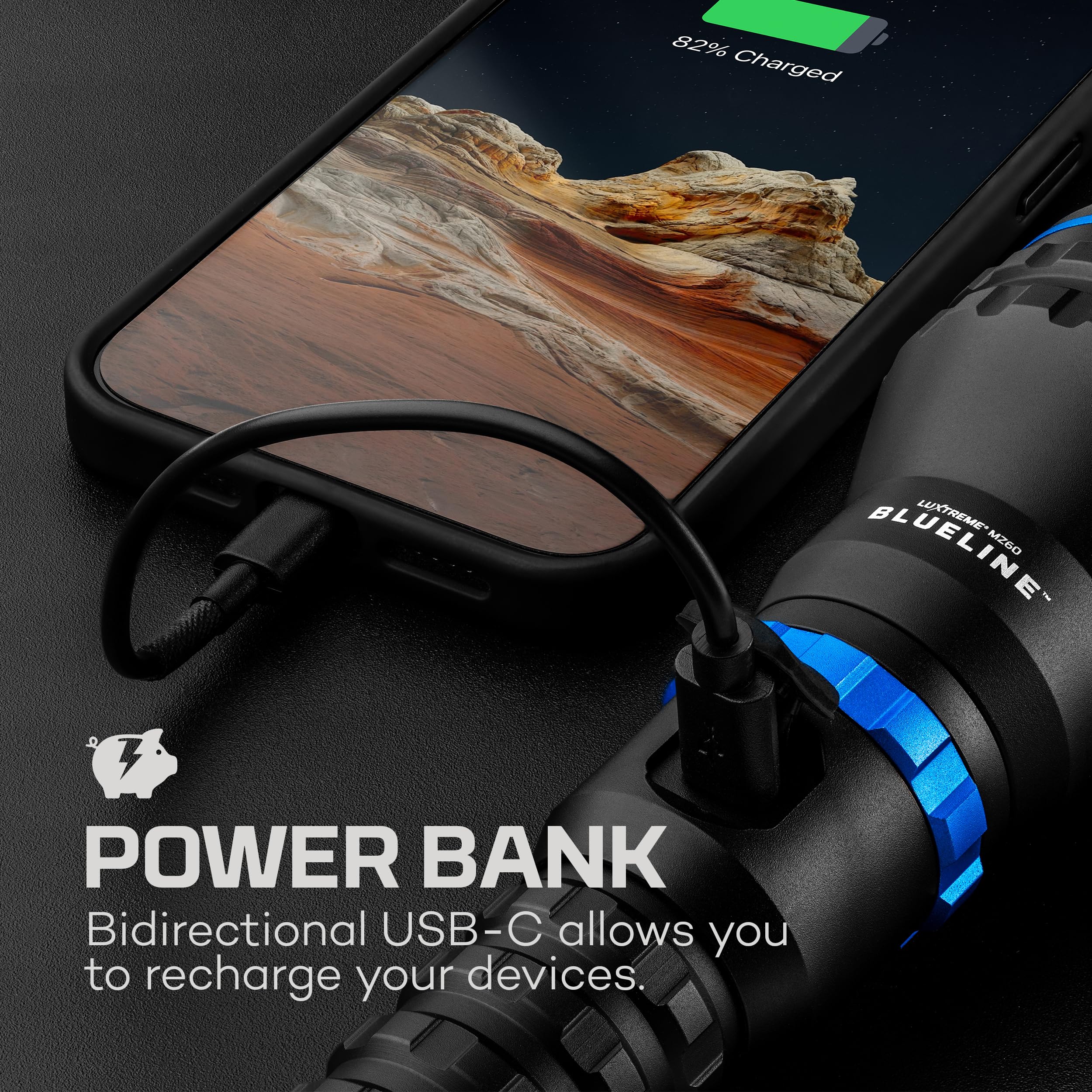 Nebo LUXTREME MZ60 USB-C charging port enables on-the-go power.