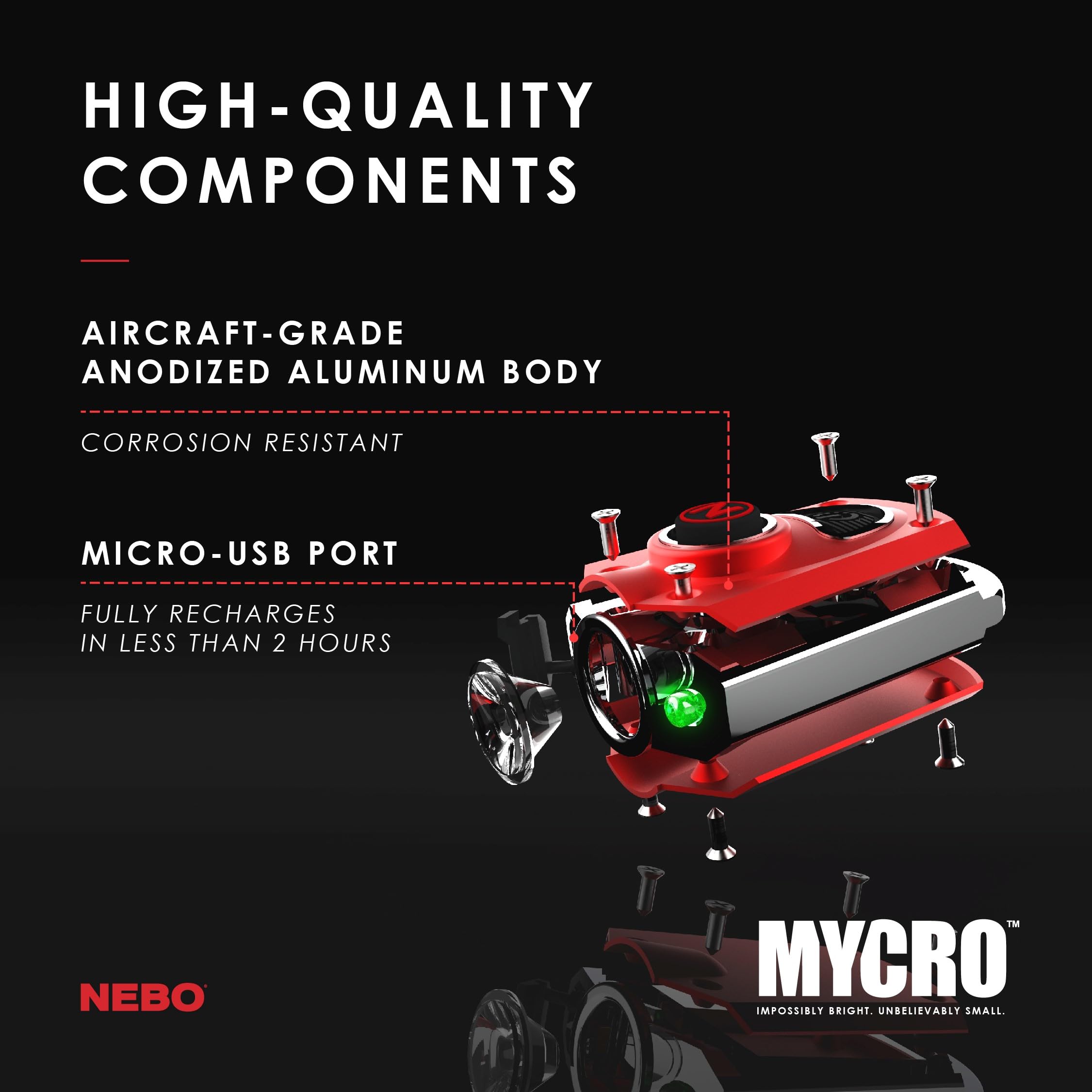 NEBO MYCRO compact aluminum body fits pockets and bags