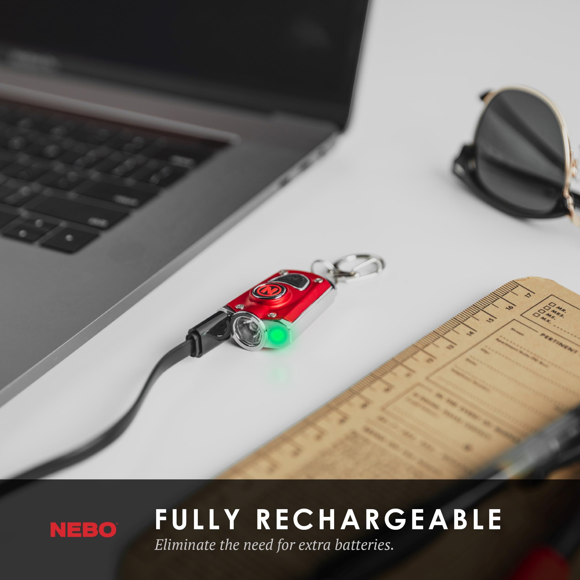NEBO MYCRO charging cable and stainless necklace included for versatile carry