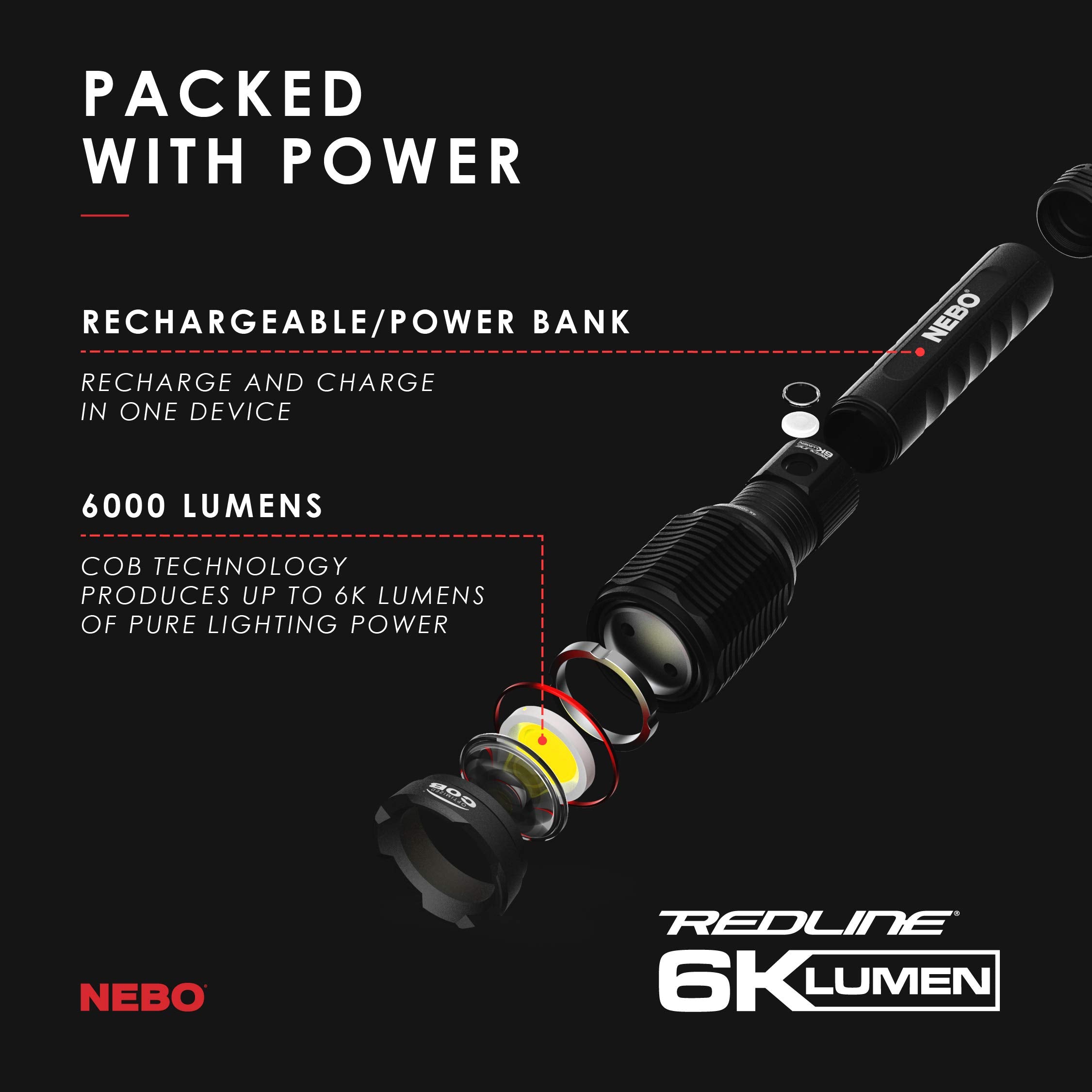 NEBO Redline 6K flashlight high beam ideal for long-range spotting in darkness