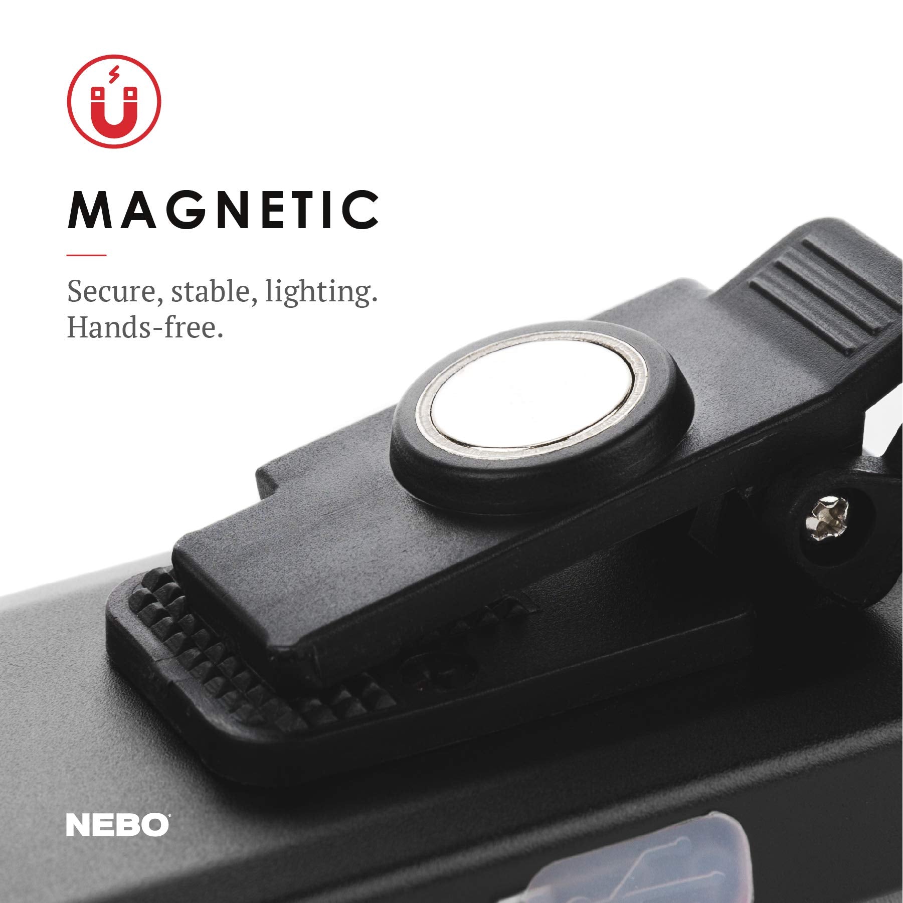 NEBO SLIM collapsible hanging hook enables hands-free setup.