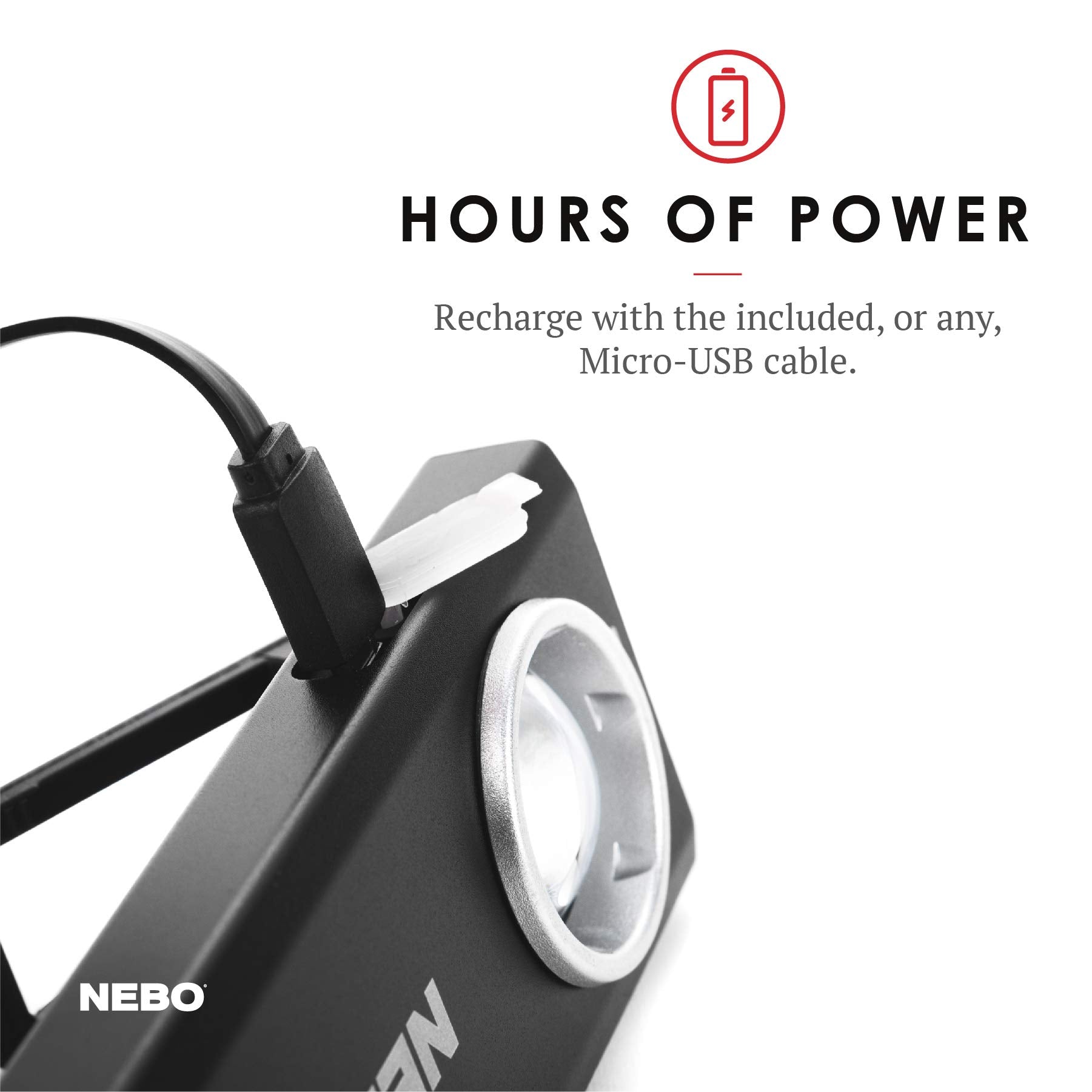 NEBO SLIM magnetic base attaches securely to metal surfaces.