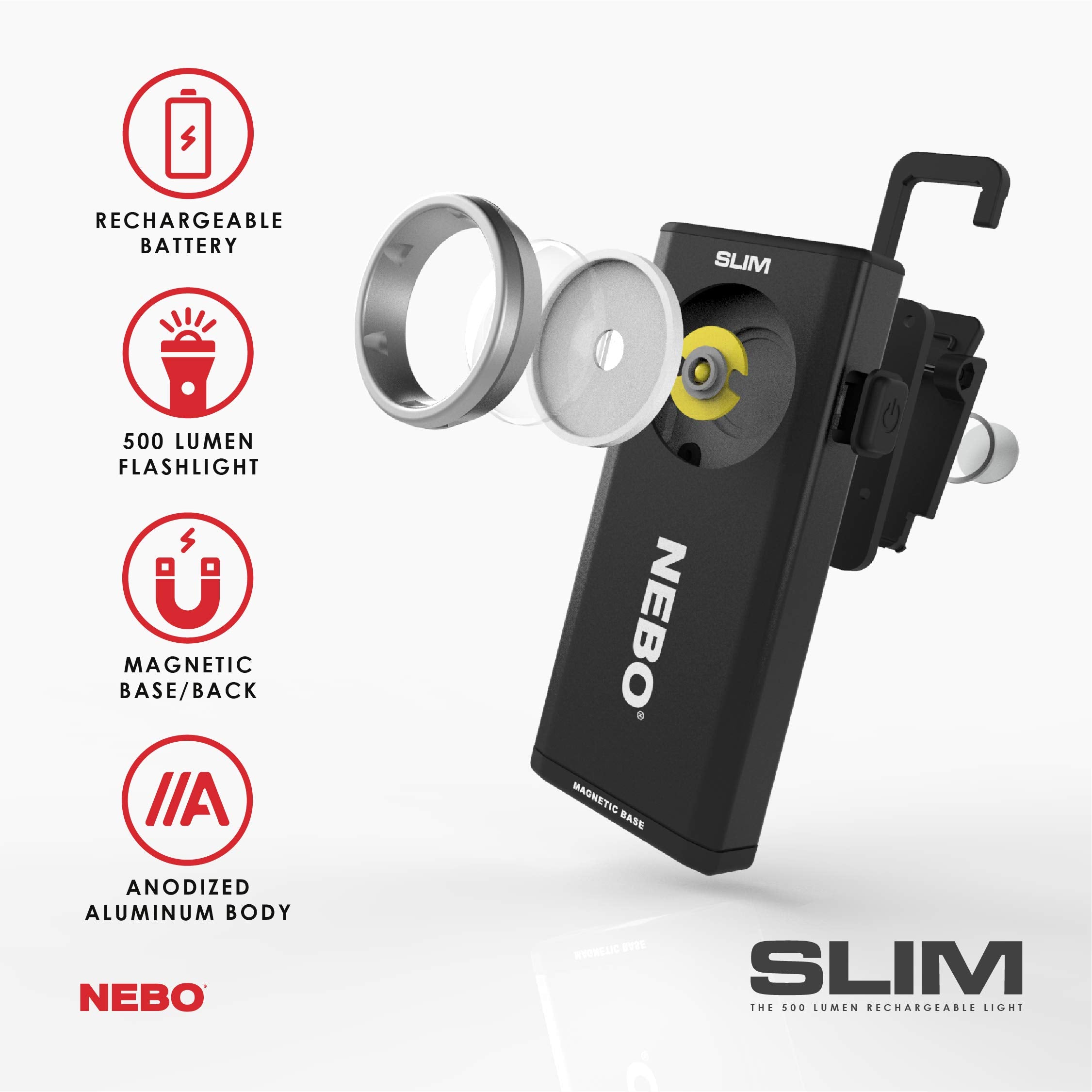 NEBO SLIM rechargeable pocket light with USB charging for easy top-ups.