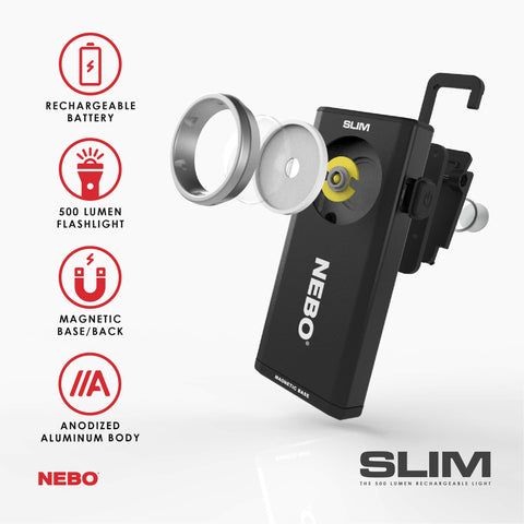 NEBO SLIM rechargeable pocket light with USB charging for easy top-ups.