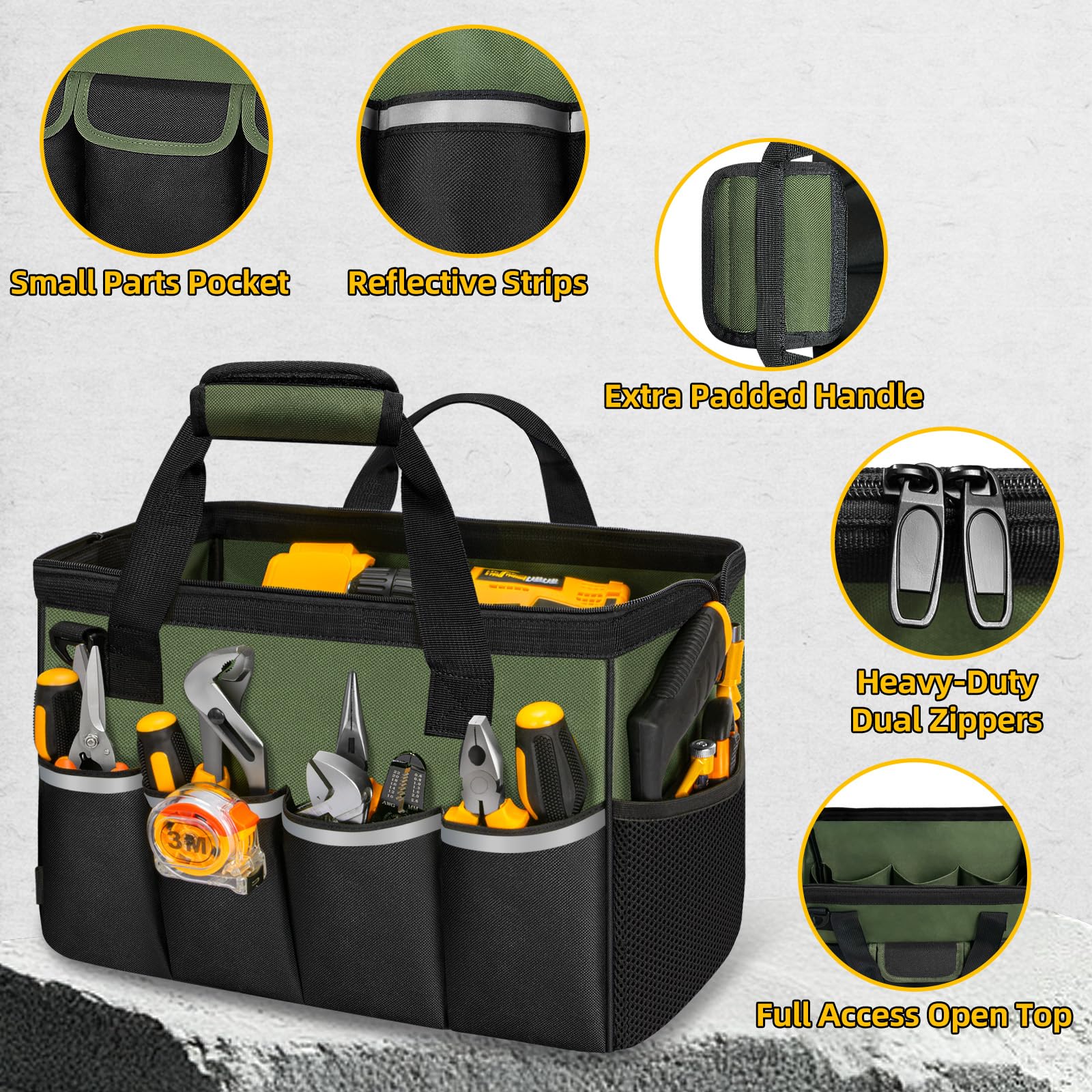 NECKORY tool bag padded handles for comfortable heavy-load carrying.