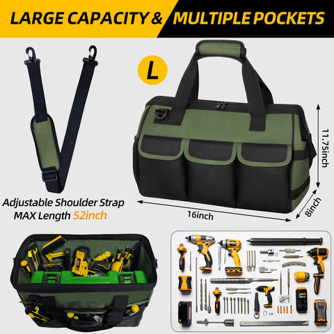 NECKORY tool bag exterior pockets with reflective strips for safer night carrying.