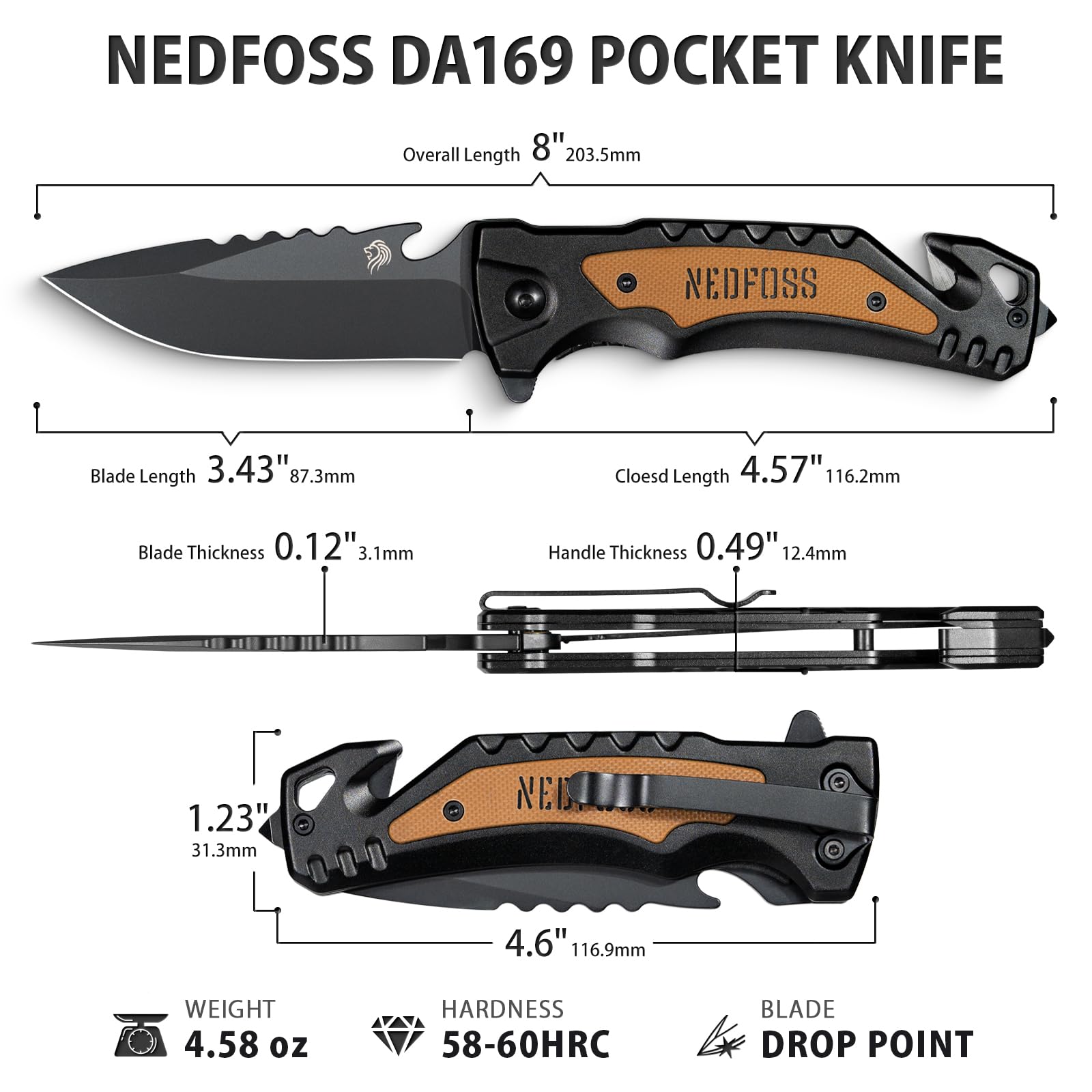 NedFoss DA169 pocket clip enables quick one-handed access.