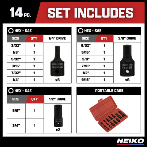 Durable NEIKO 01142B Cr-Mo impact-grade sockets withstand heavy-duty use.