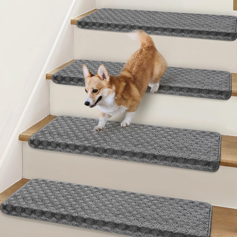 NEKL bullnose stair treads with grey lattice provide secure non-slip footing on wooden stairs.