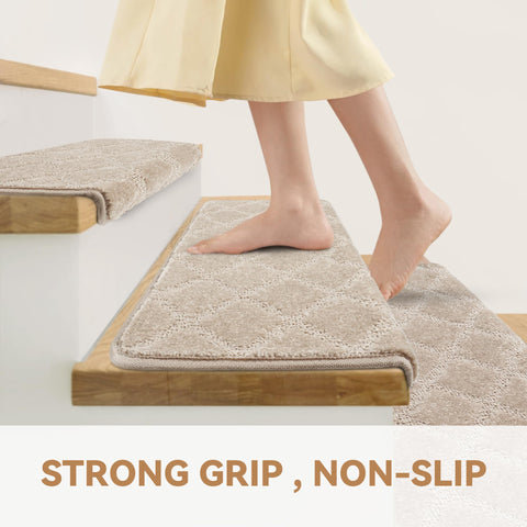 NEKL 9.5x32 peel-and-stick back for quick, no-nail installation on wooden stairs.