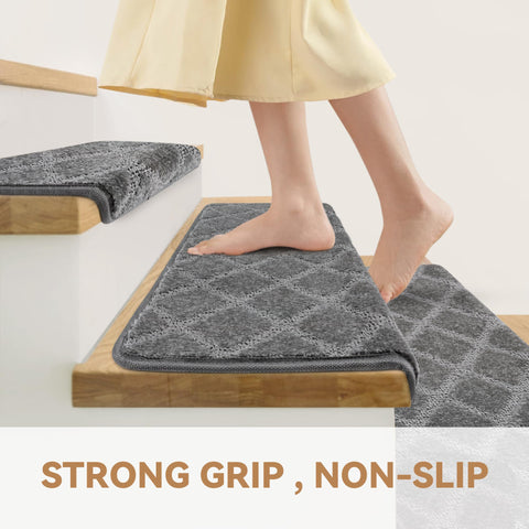 NEKL self-adhesive back keeps treads stable on wooden stairs.