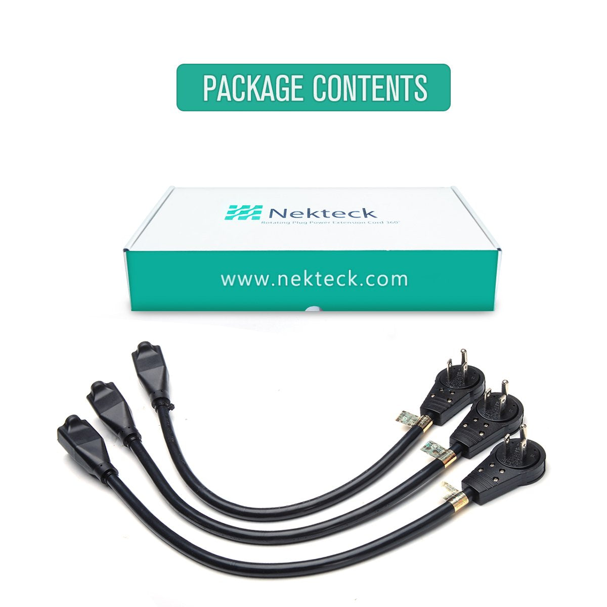 Nekteck pack includes three right-angle adapters for versatile outlet setups.