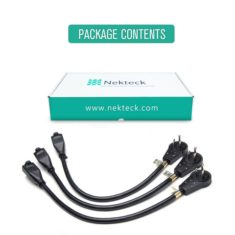 Nekteck pack includes three right-angle adapters for versatile outlet setups.