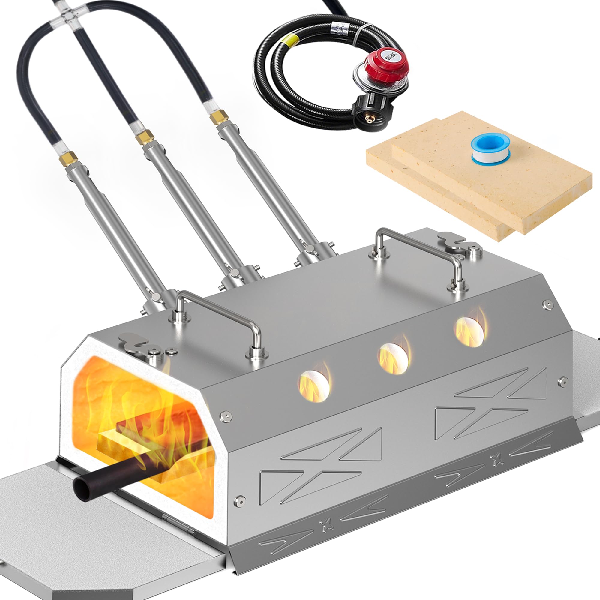 Nelyrho 2600℉ triple burner forge front view showing even heat for long bars.