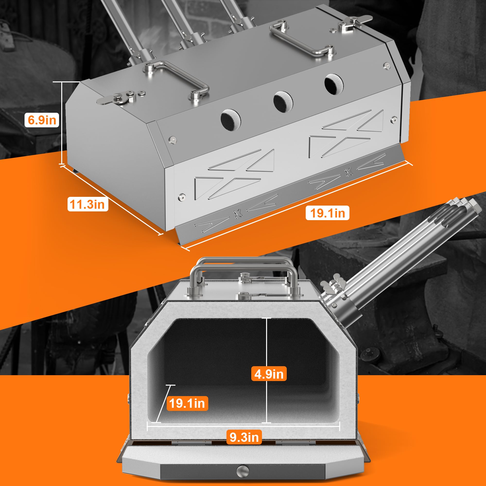 Nelyrho 2600℉ triple burner forge side view highlighting robust construction for heavy forging.
