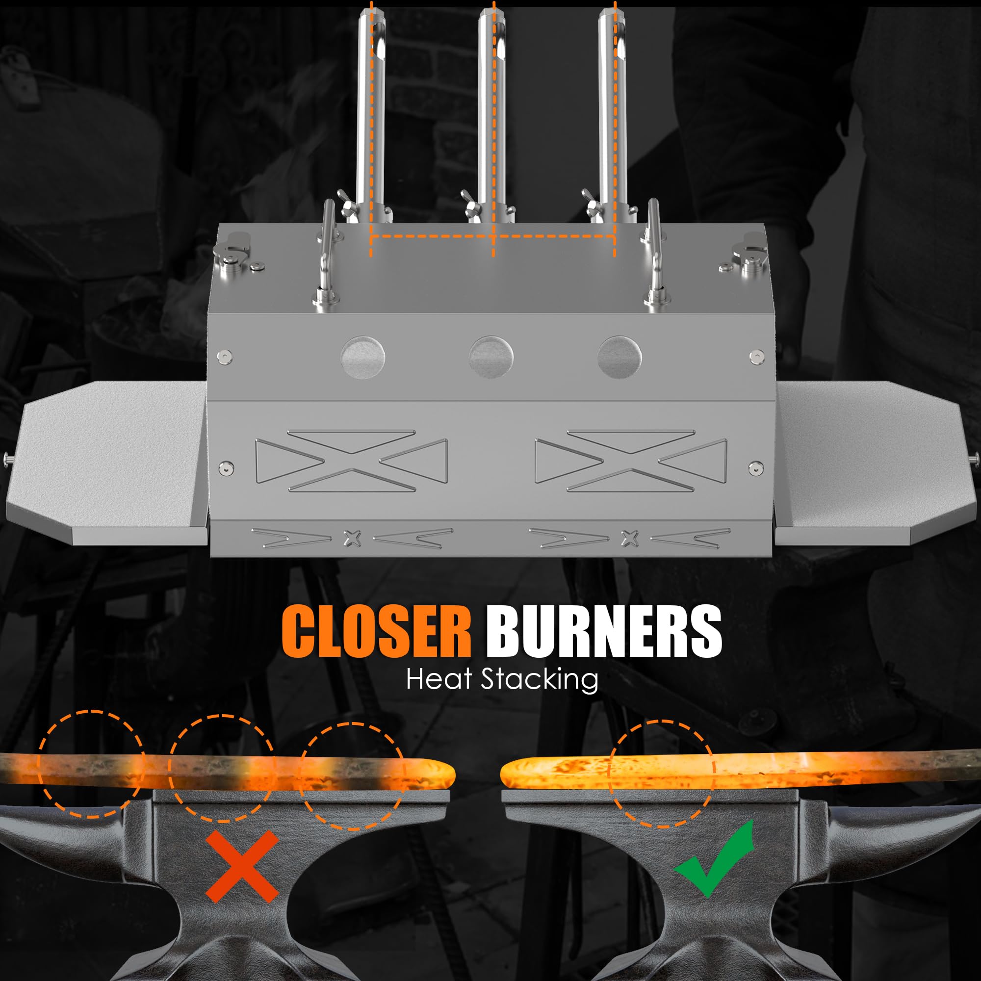Nelyrho three-burner arrangement delivering even heat across long metal pieces.