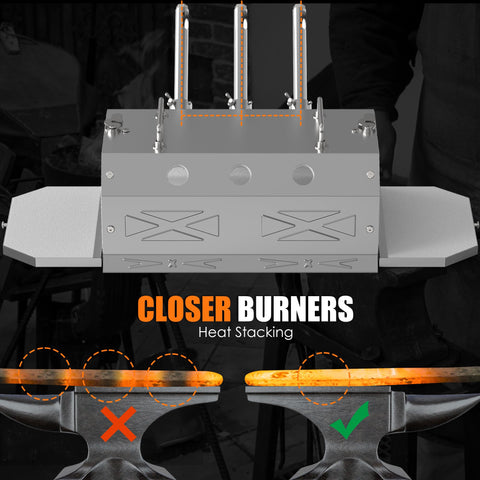 Nelyrho three-burner arrangement delivering even heat across long metal pieces.