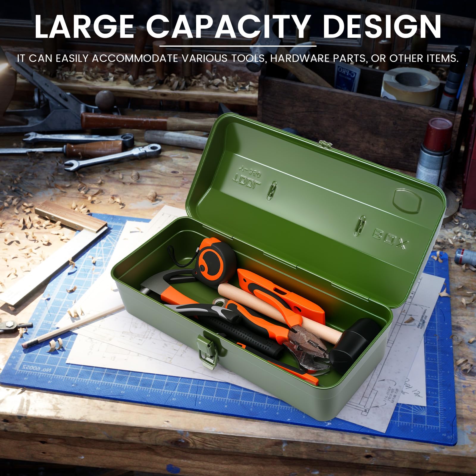 NEMTMCUA green metal toolbox viewed from the side for home use