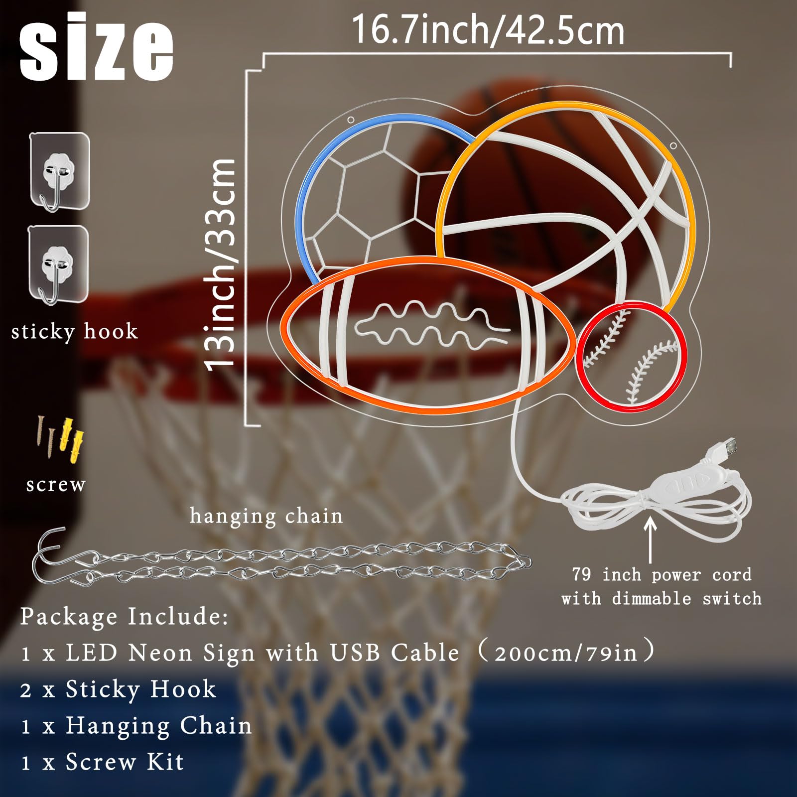 Nen Sign basketball-baseball-football neon highlights sports icons with bright energy