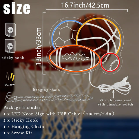Nen Sign basketball-baseball-football neon highlights sports icons with bright energy