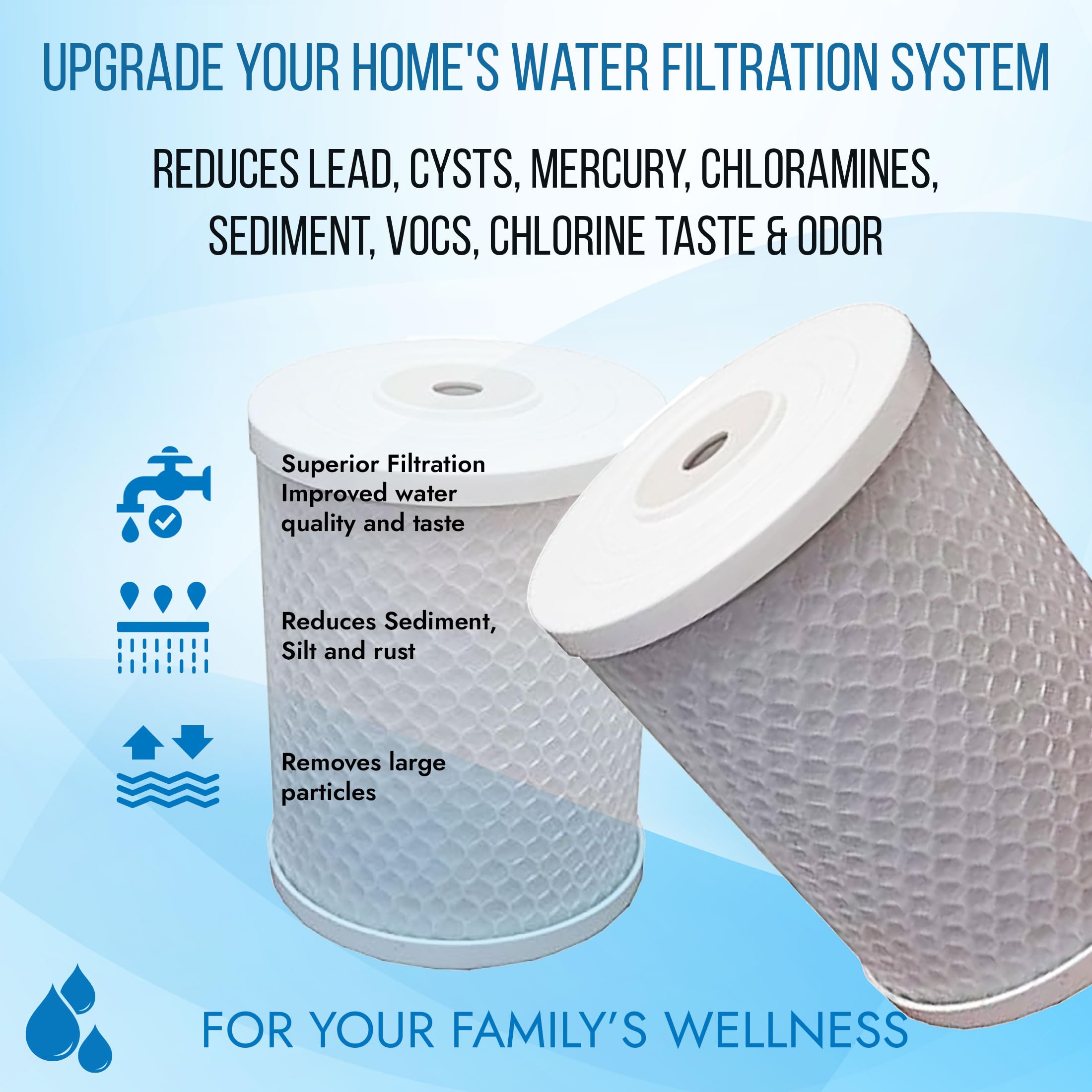Water flowing through carbon block reduces chlorine taste and odors