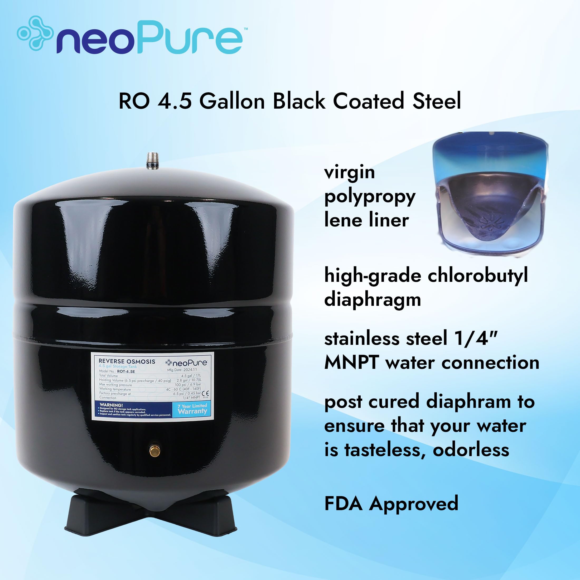Neo-Pure pre-pressurized bladder tank ensures steady faucet delivery.