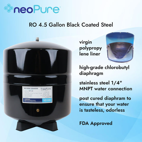 Neo-Pure pre-pressurized bladder tank ensures steady faucet delivery.