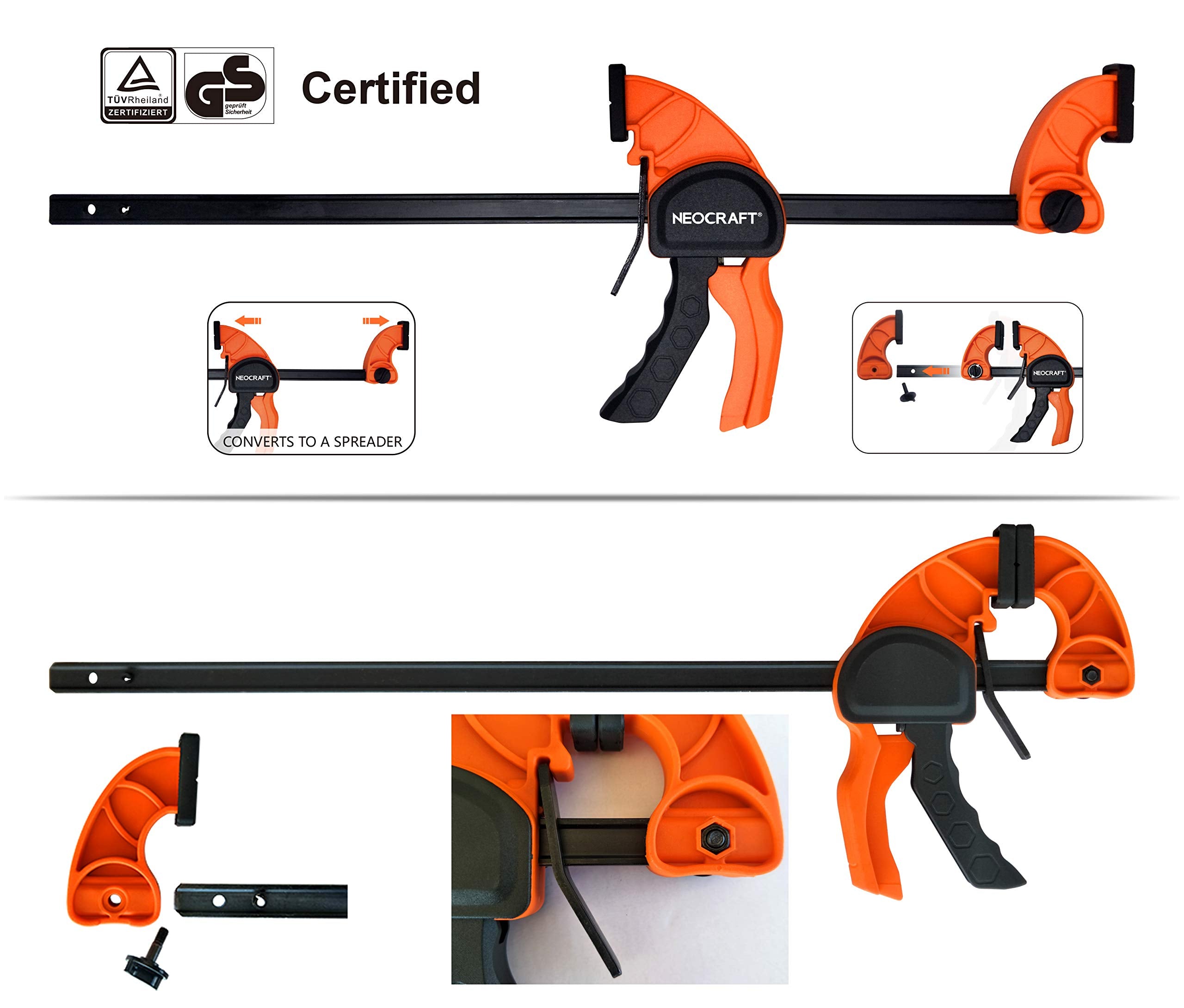 Neocraft bar clamp shown in spreader mode enabling wider, even pressure