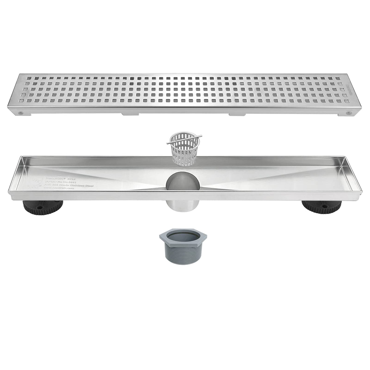 Neodrain 18-inch brushed linear drain showing long profile for efficient water flow