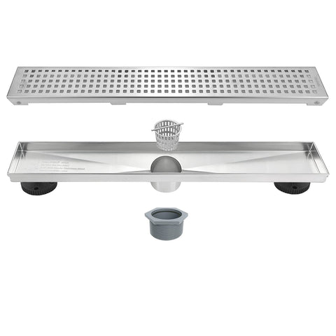 Neodrain 18-inch brushed linear drain showing long profile for efficient water flow