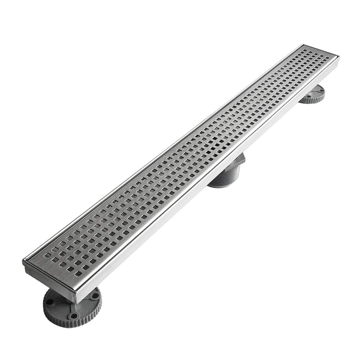 Neodrain 24-inch linear drain showcasing brushed stainless steel finish and clean lines.