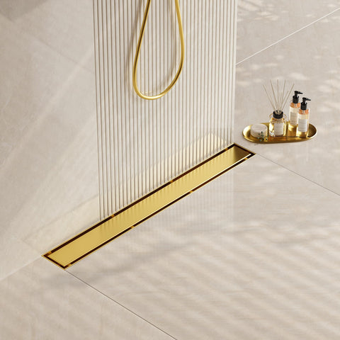 Neodrain 24in gold linear drain with tile insert cover for a seamless shower floor