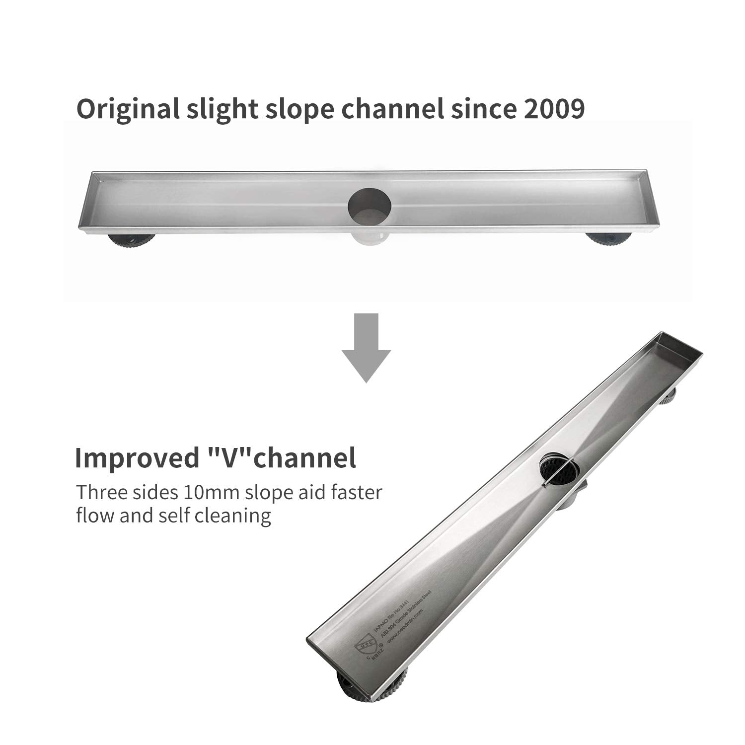 304 stainless steel body of Neodrain shower drain highlighting corrosion resistance