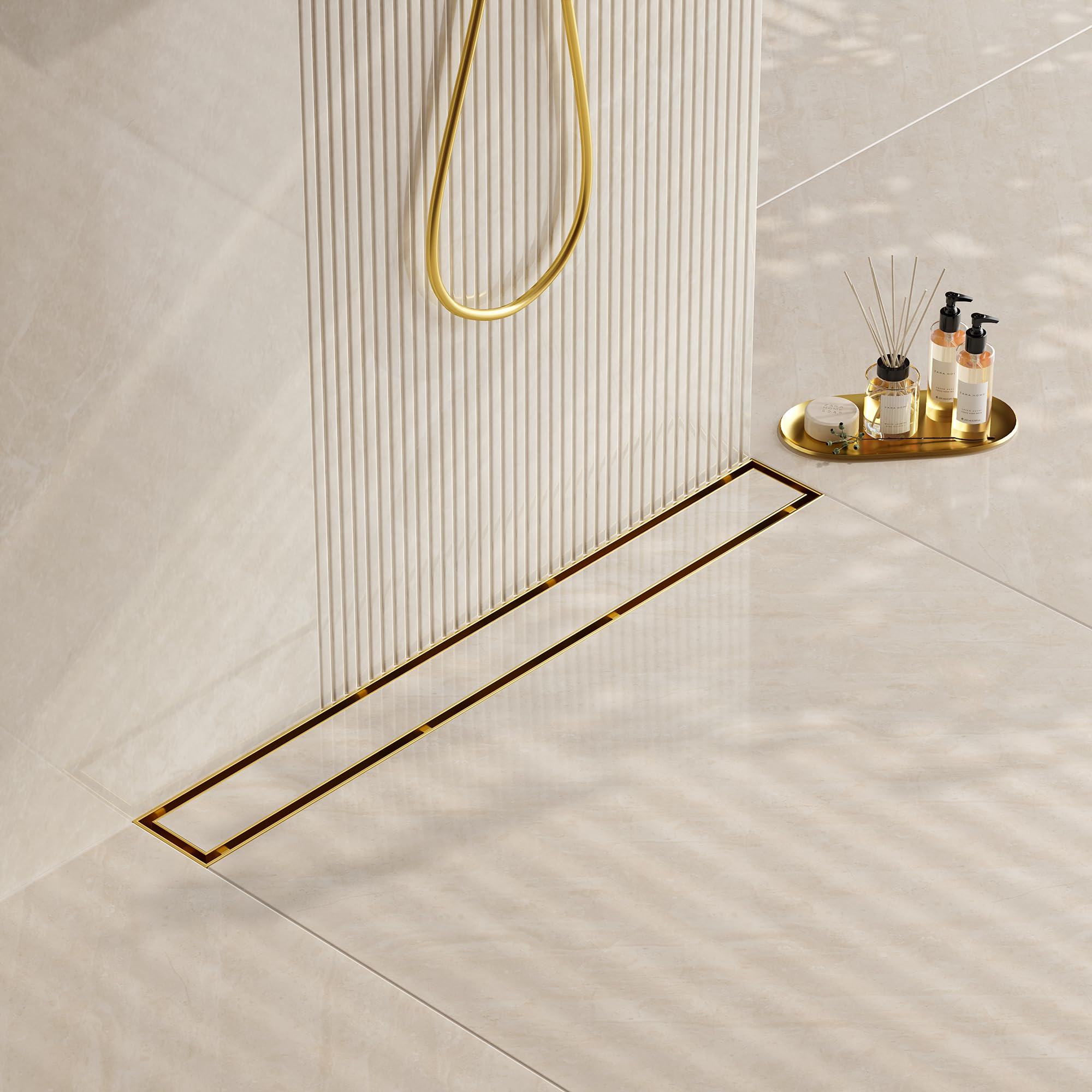 Neodrain brushed brass rectangle drain with durable stainless steel base